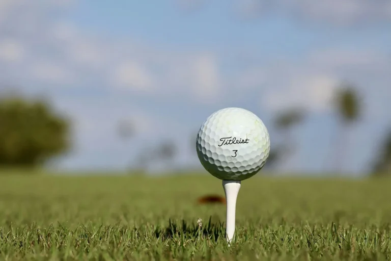 Golf ball sitting on a tee in the grass